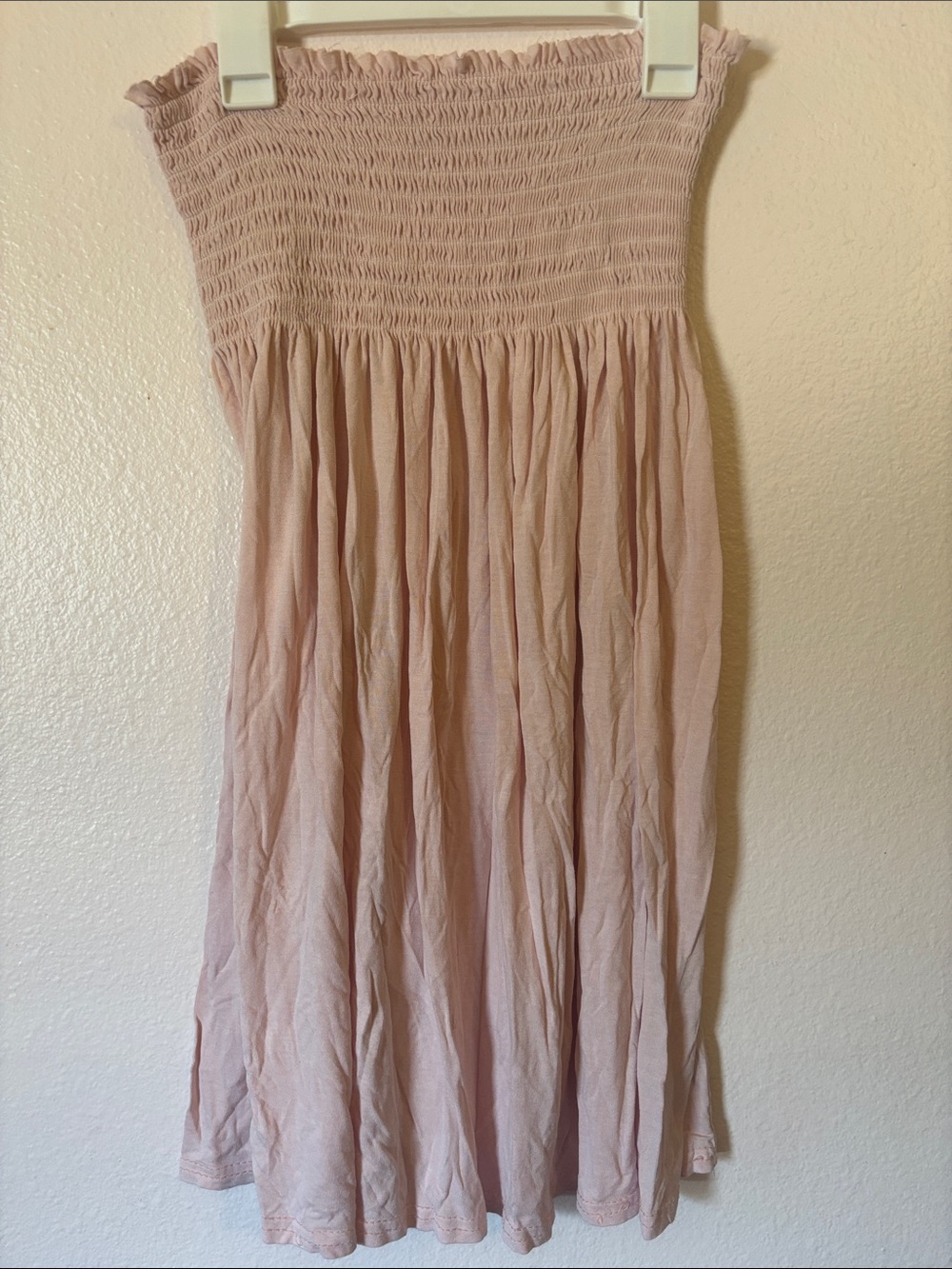 Woman’s Strapless Midi Dress in Light Pink, Elastic Top, Strapless Summer Dress